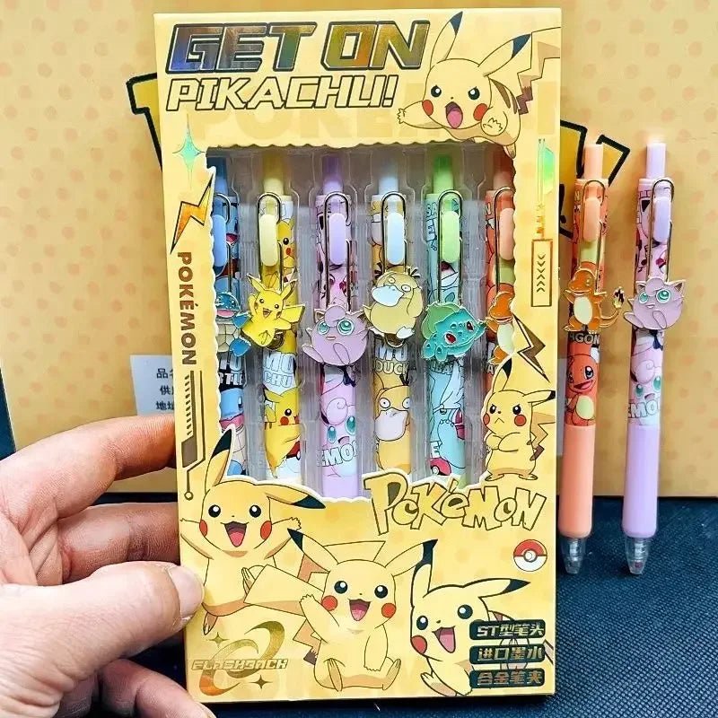 6 PCS Set Pokemon Click Pen, Black Writing Gel Pen Stationery - CloudAnimeStudio