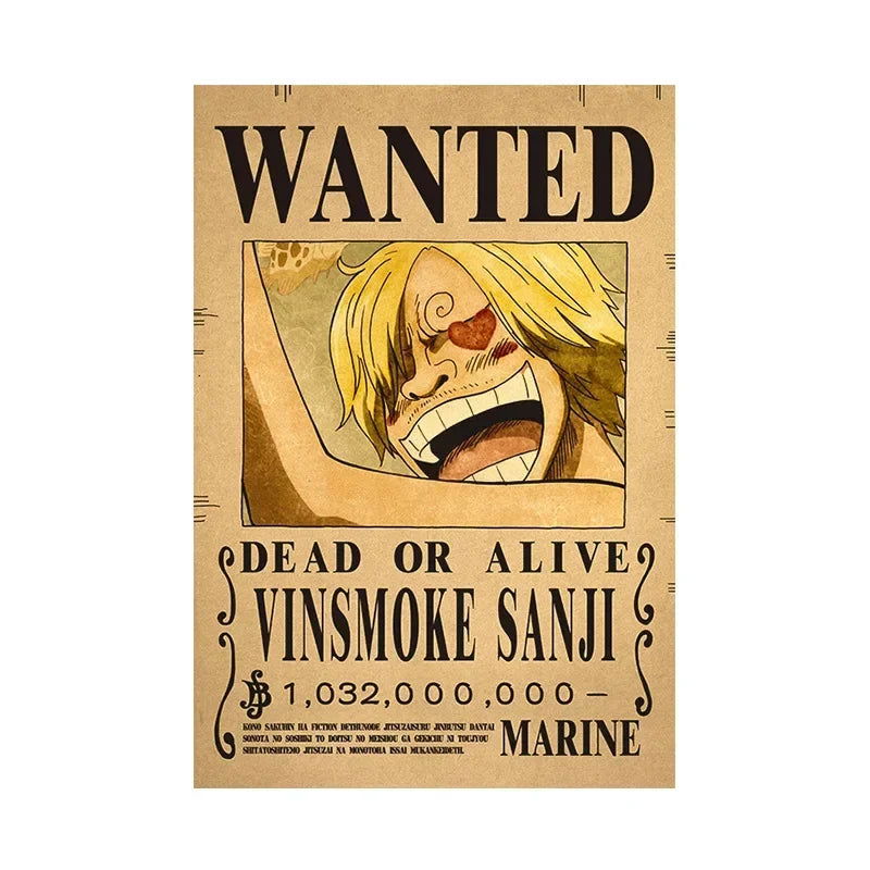 Anime One Piece Gear 5 Luffy Wanted Posters, Kids Bedroom Retro Poster Zoro Living Home Decoration Wall Art Paper Stickers - CloudAnimeStudio