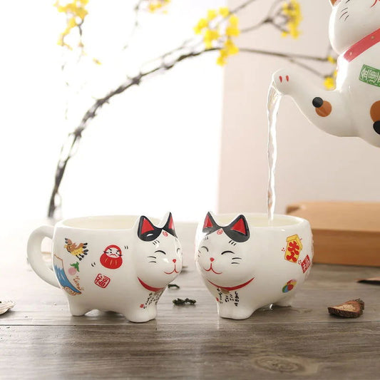 Cute Japanese Lucky Cat Porcelain Tea Set, Creative Maneki Neko Ceramic Tea Cup Pot with Strainer - CloudAnimeStudio