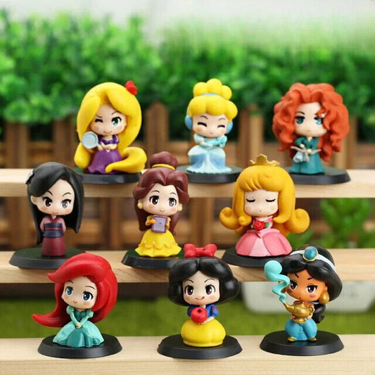 Disney 9 Pcs Set Figurines, Kawaii Rapunzel Snow White Jasmine Mulan Ariel 2 in - CloudAnimeStudio