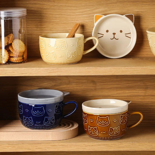 Japanese Cartoon Cat With Cover Coffee Cup, Cute Breakfast Cup With Lid - CloudAnimeStudio