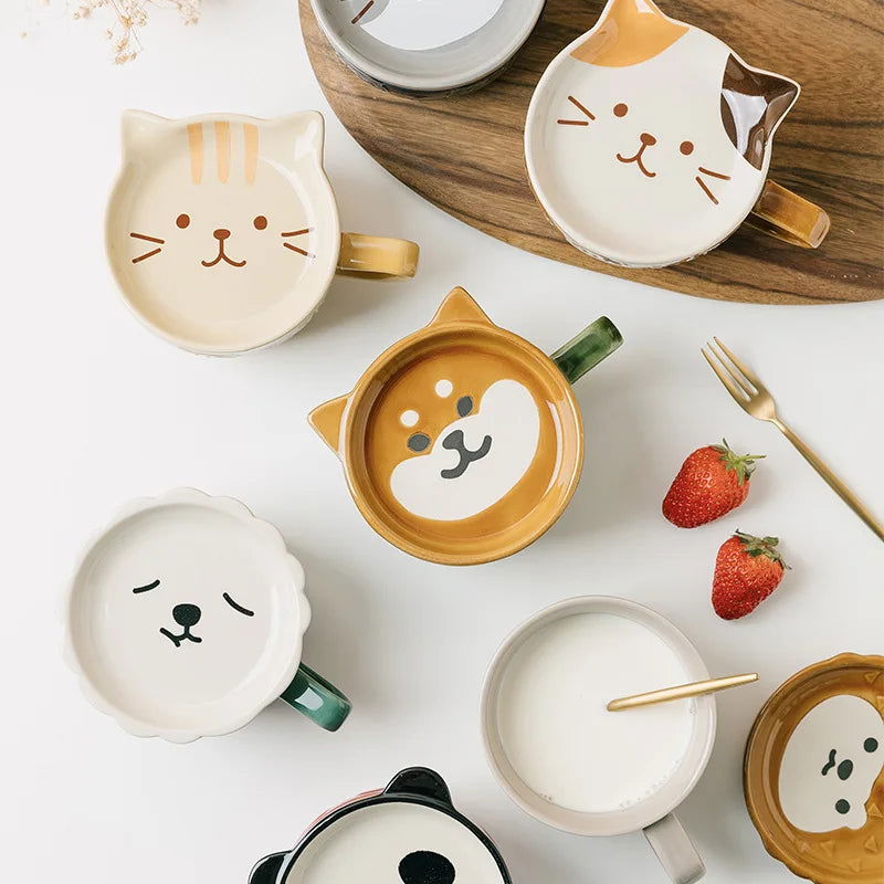 Japanese Cartoon Cat With Cover Coffee Cup, Cute Breakfast Cup With Lid - CloudAnimeStudio