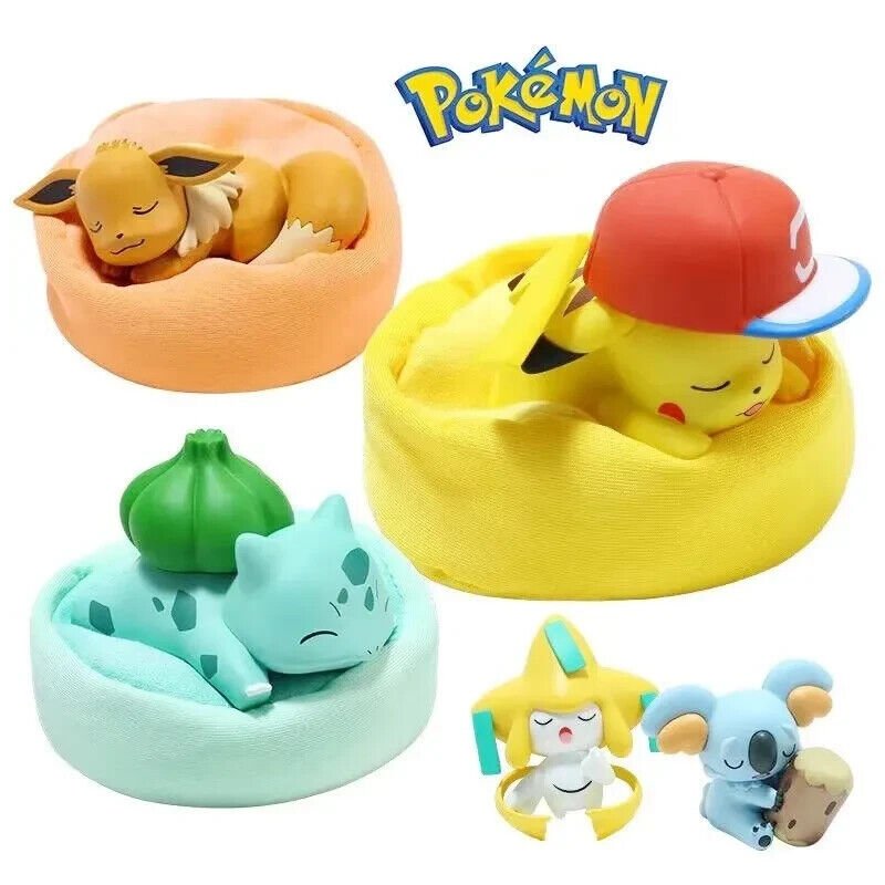 Mini Pokemon Anime Figurines, Sleeping Bean Bag Pikachu Bulbasaur Snorlax Evee Jirachi Komala 6pc Figure Set - CloudAnimeStudio