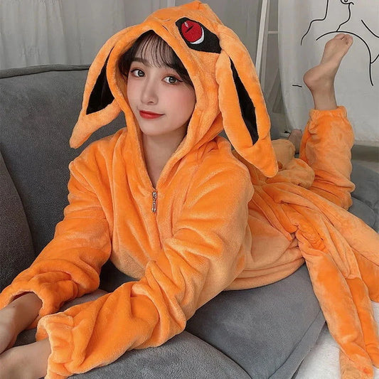 Naruto Shippuden Kurama Kyuubi Fox Cosplay Costume Kigurumi Adult Unisex Anime Pajamas Flannel Jumpsuit Sleepwear Onesies - CLOUDANIMESTUDIO