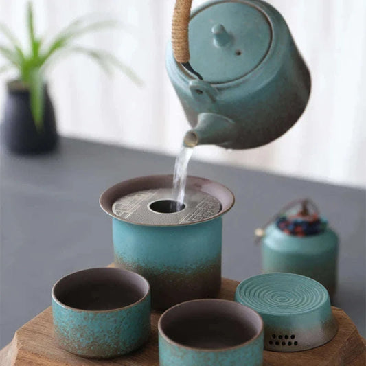 Vintage Spring Green Pottery One Kettle One Cup with Lid 4 Mini Cups Tea Caddy, Simple Small Tea Set Handwork and Craftsmanship CLOUDANIMESTUDIO