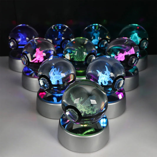 Pokemon 3D Crystal Ball Pikachu Gengar Eevee Mewtwo Anime Pokeball with Led Night Light Base