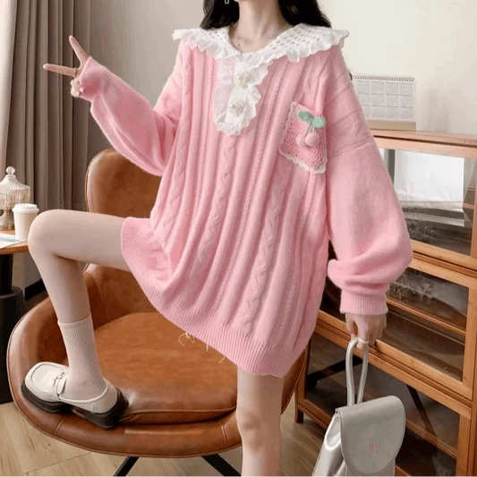 Cherry Pocket Knit Pullover Sweater CLOUDANIMESTUDIO
