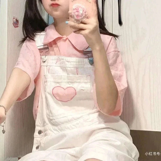 Pink Heart White Overalls CLOUDANIMESTUDIO