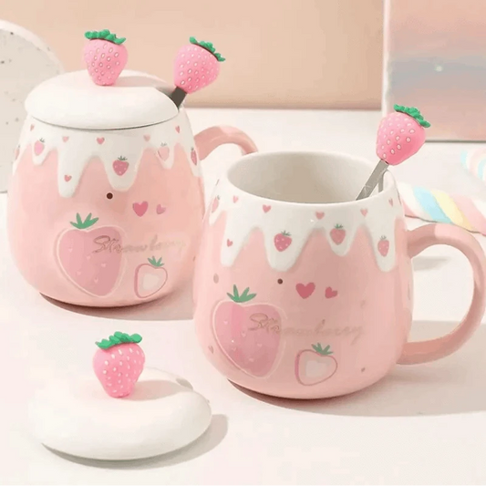 Pink Strawberry Mug With Lid & Spoon CLOUDANIMESTUDIO