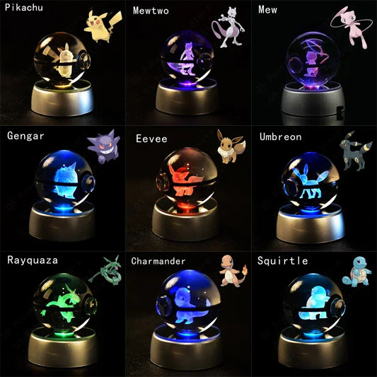 Pokemon 3D Crystal Ball Pokeballs with LED Light Base, Kids Anime Toy Gifts