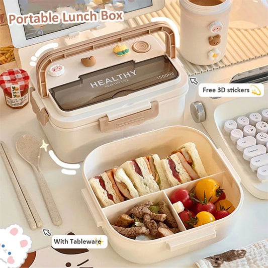 Simple Cute Portable Lunch Box, With Compartment & Microwave-Safe, Perfect for Work, School, or Picnics - CloudAnimeStudio