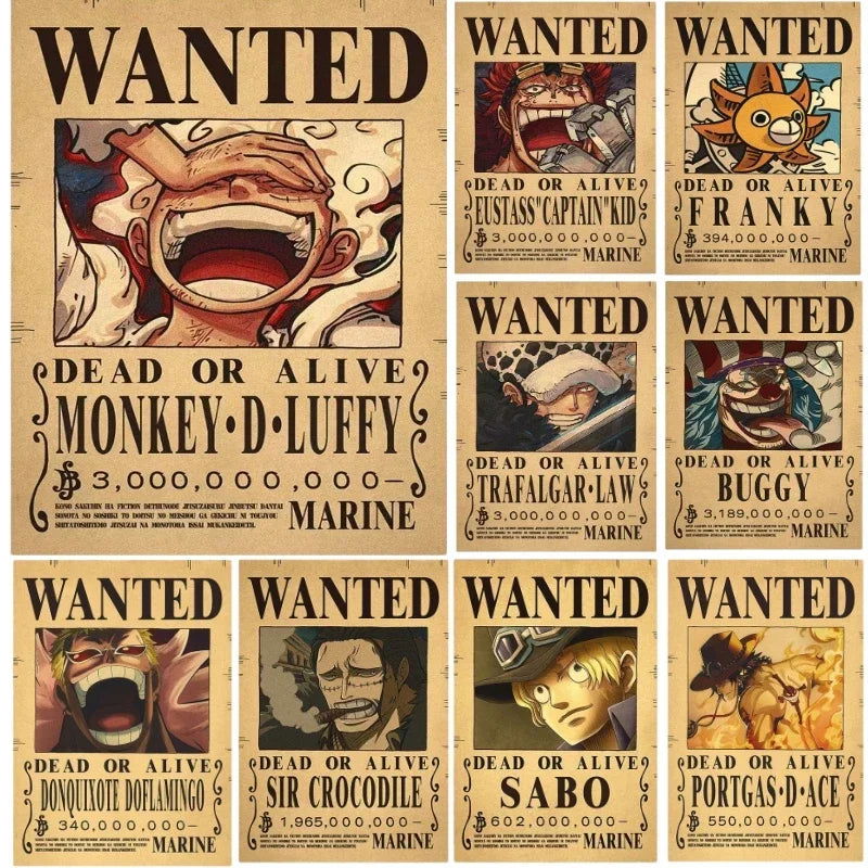 Anime One Piece Gear 5 Luffy Wanted Posters, Kids Bedroom Retro Poster Zoro Living Home Decoration Wall Art Paper Stickers - CloudAnimeStudio