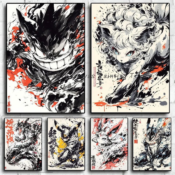 Anime Pokemon Ink Painting Canvas Posters, Painting Prints Posters and Prints Wall Art Picture for Living Room Children Gift - CloudAnimeStudio