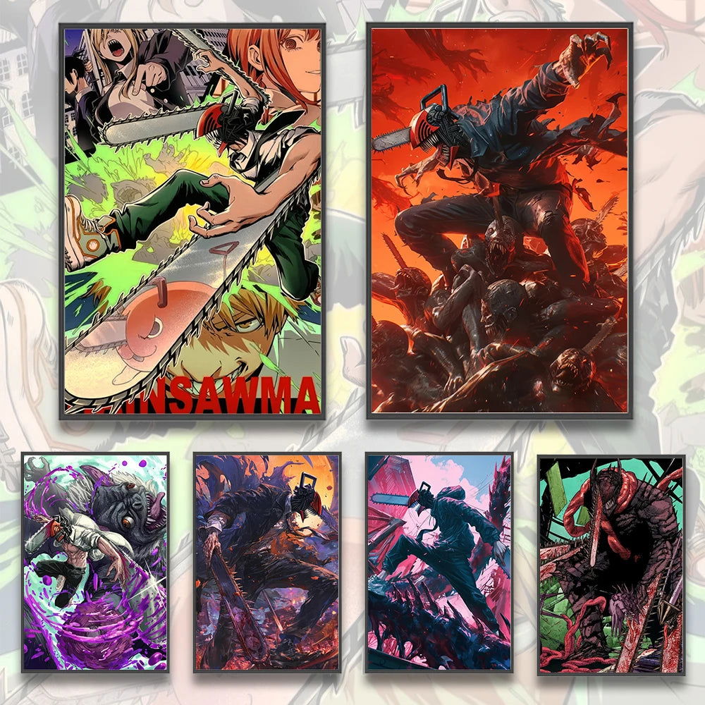 Chainsaw Man Self-adhesive Poster Wallpaper, Anime Wall Art Home Decoration Painting For Bedroom Computer Decor (Frames Not Included) - CloudAnimeStudio