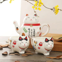 Cute Japanese Lucky Cat Porcelain Tea Set, Creative Maneki Neko Ceramic Tea Cup Pot with Strainer - CloudAnimeStudio