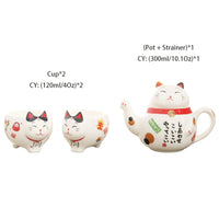 Cute Japanese Lucky Cat Porcelain Tea Set, Creative Maneki Neko Ceramic Tea Cup Pot with Strainer - CloudAnimeStudio