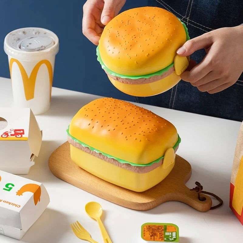 Cute Kawaii Double-Tier Burger Bento Box for Kids, Microwave Safe Fun and Functional Lunchware - CloudAnimeStudio