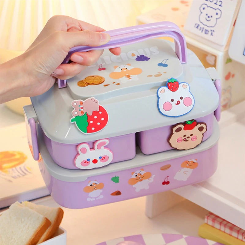 Cute Portable Lunch Box, Double-Layer Microwave-Safe Bento Box for Kids - CloudAnimeStudio