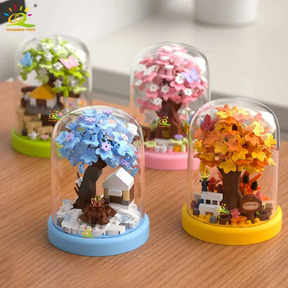 Four Seasons Mini Tree House with Display Box Model Mini Figurines Building Block Puzzles - CLOUDANIMESTUDIO
