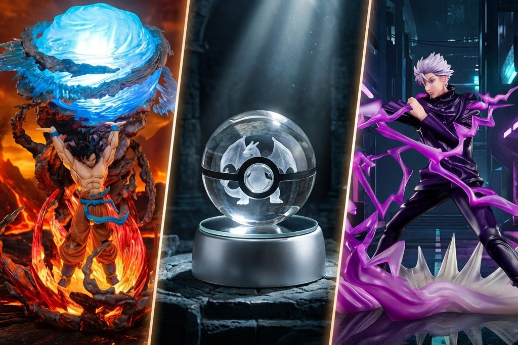 Three panels featuring a crystal ball, a character with purple hair, and a fiery figure.