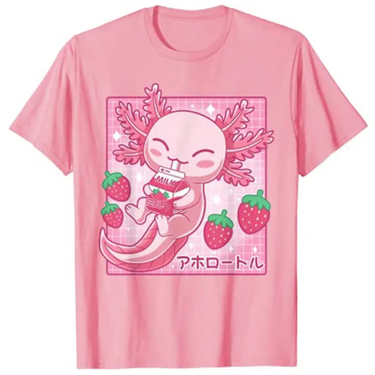 Kawaii Axolotl Strawberry Milk T-Shirt
