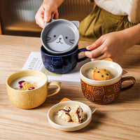 Japanese Cartoon Cat With Cover Coffee Cup, Cute Breakfast Cup With Lid - CloudAnimeStudio