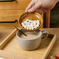 Japanese Cartoon Cat With Cover Coffee Cup, Cute Breakfast Cup With Lid - CloudAnimeStudio