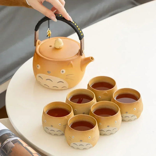 My Neighbor Totoro Ceramic Teapot Teacups Set, Anime Studio Ghibli Cute Cat Rough Pottery Cooking Teapot Tea Table Accessories - CloudAnimeStudio