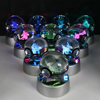 Pokemon 3D Crystal Ball Pikachu Gengar Eevee Mewtwo Anime Pokeball with Led Night Light Base - CLOUDANIMESTUDIO