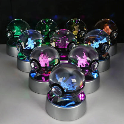 Pokemon 3D Crystal Ball Pikachu Gengar Eevee Mewtwo Anime Pokeball with Led Night Light Base - CLOUDANIMESTUDIO