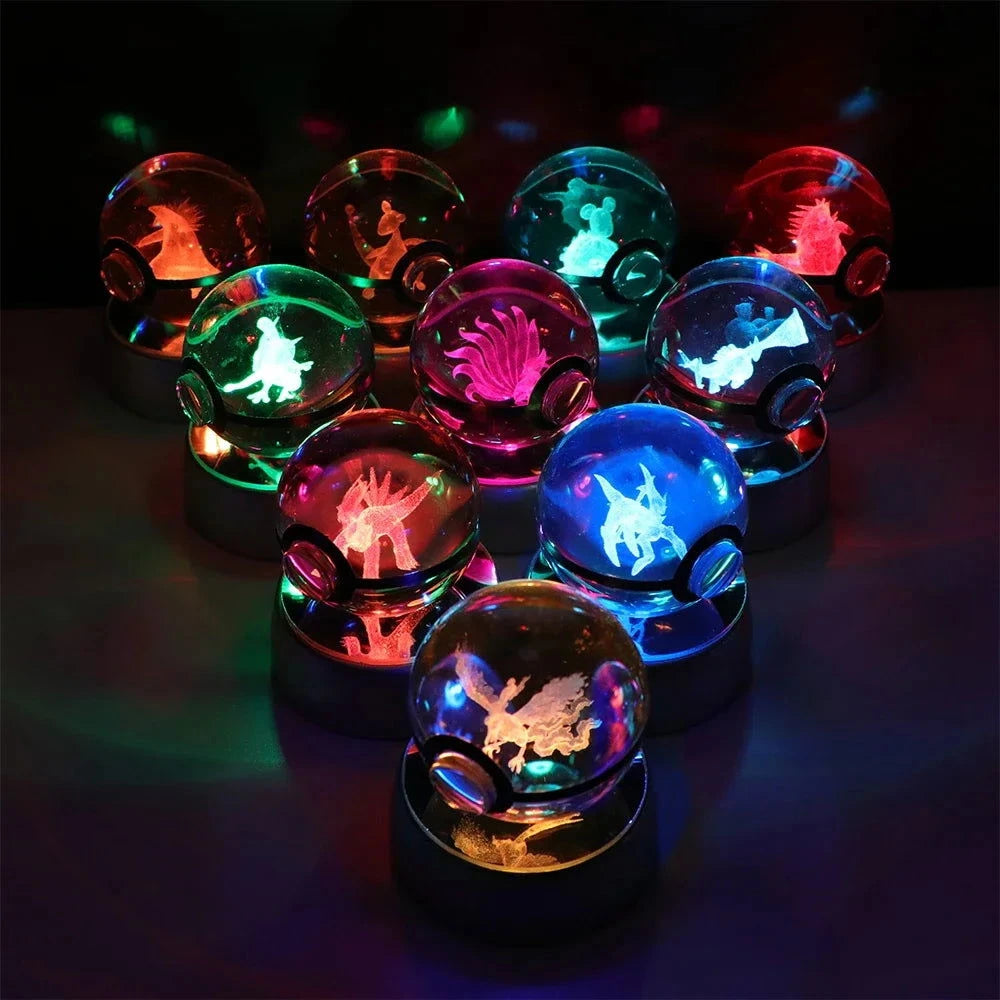Pokemon 3D Crystal Ball Pikachu Gengar Eevee Mewtwo Anime Pokeball with Led Night Light Base - CLOUDANIMESTUDIO