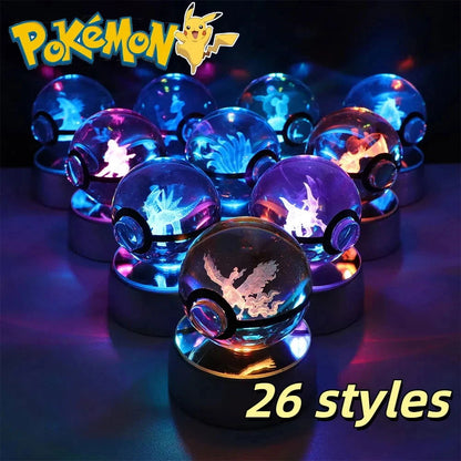 Pokemon 3D Crystal Ball Pikachu Gengar Eevee Mewtwo Anime Pokeball with Led Night Light Base - CLOUDANIMESTUDIO