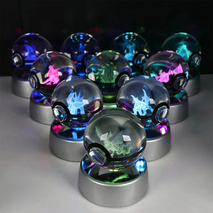 Pokemon 3D Crystal Ball Pikachu Gengar Eevee Mewtwo Anime Pokeball with Led Night Light Base - CLOUDANIMESTUDIO