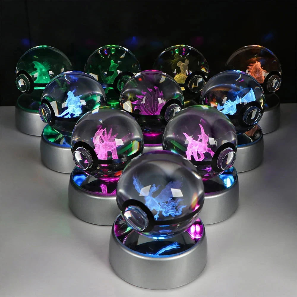 Pokemon 3D Crystal Ball Pikachu Gengar Eevee Mewtwo Anime Pokeball with Led Night Light Base - CLOUDANIMESTUDIO