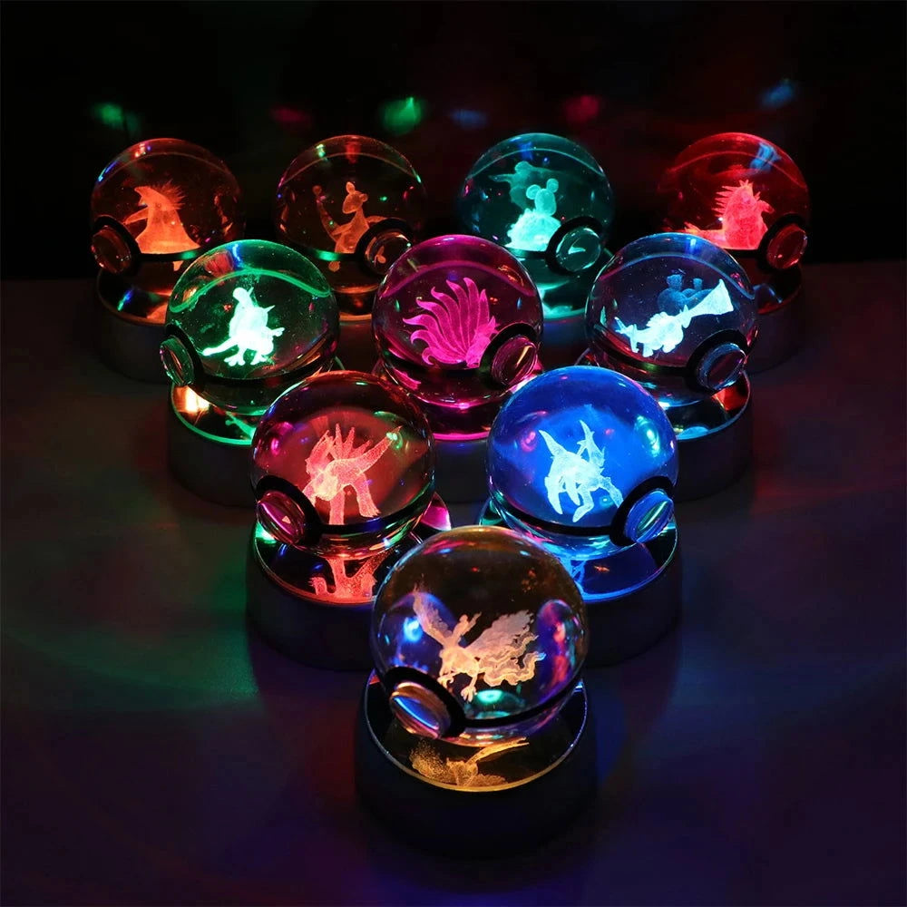 Pokemon 3D Crystal Ball Pikachu Gengar Eevee Mewtwo Anime Pokeball with Led Night Light Base - CLOUDANIMESTUDIO