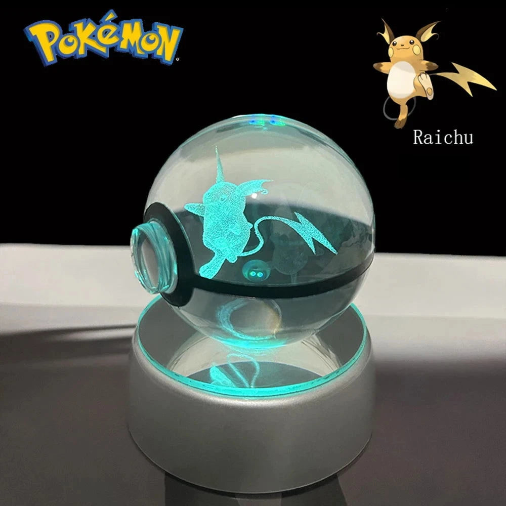 Pokemon 3D Crystal Ball Pikachu Gengar Eevee Mewtwo Anime Pokeball with Led Night Light Base - CLOUDANIMESTUDIO