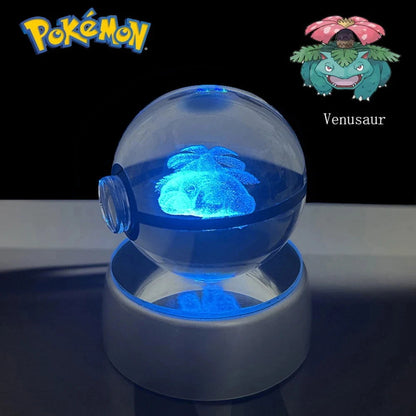 Pokemon 3D Crystal Ball Pikachu Gengar Eevee Mewtwo Anime Pokeball with Led Night Light Base - CLOUDANIMESTUDIO