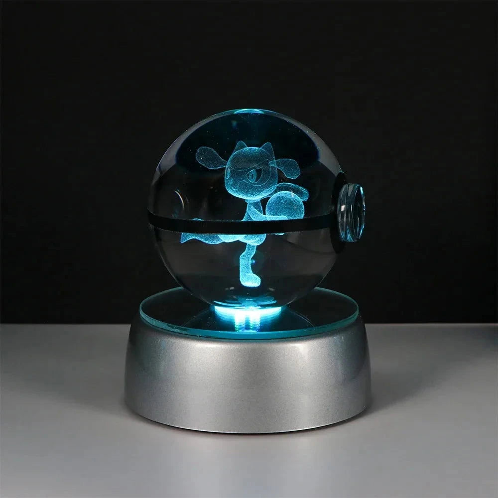 Pokemon 3D Crystal Ball Pikachu Gengar Eevee Mewtwo Anime Pokeball with Led Night Light Base - CLOUDANIMESTUDIO