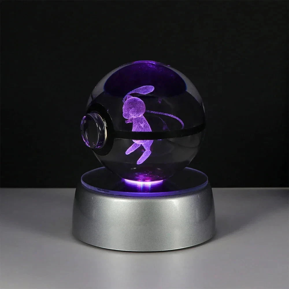 Pokemon 3D Crystal Ball Pikachu Gengar Eevee Mewtwo Anime Pokeball with Led Night Light Base - CLOUDANIMESTUDIO