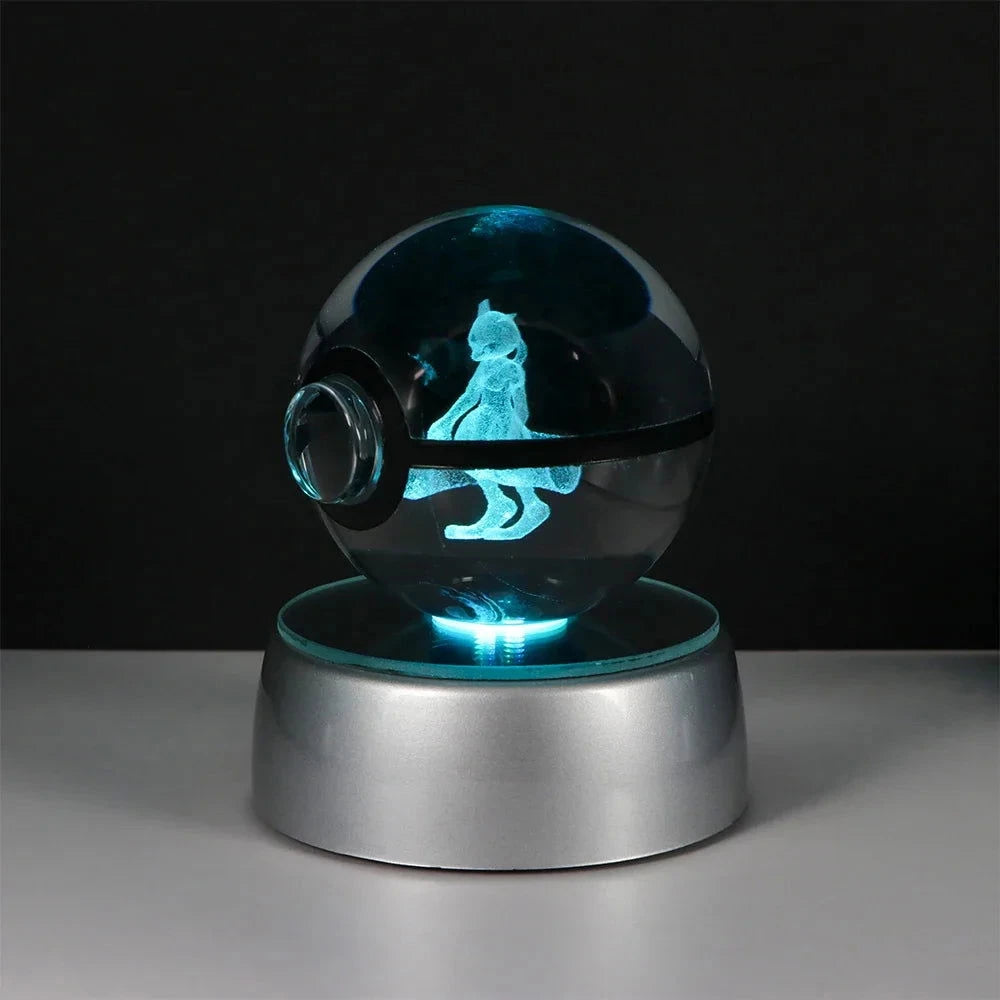 Pokemon 3D Crystal Ball Pikachu Gengar Eevee Mewtwo Anime Pokeball with Led Night Light Base - CLOUDANIMESTUDIO