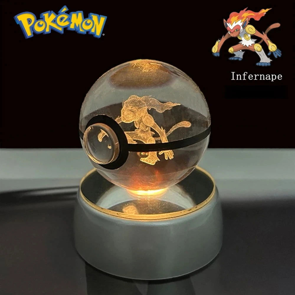 Pokemon 3D Crystal Ball Pikachu Gengar Eevee Mewtwo Anime Pokeball with Led Night Light Base - CLOUDANIMESTUDIO