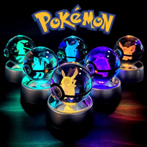 Pokemon 3D Crystal Pokeball with LED Light Base, Kids Anime Toy Gifts 2 in - CloudAnimeStudio