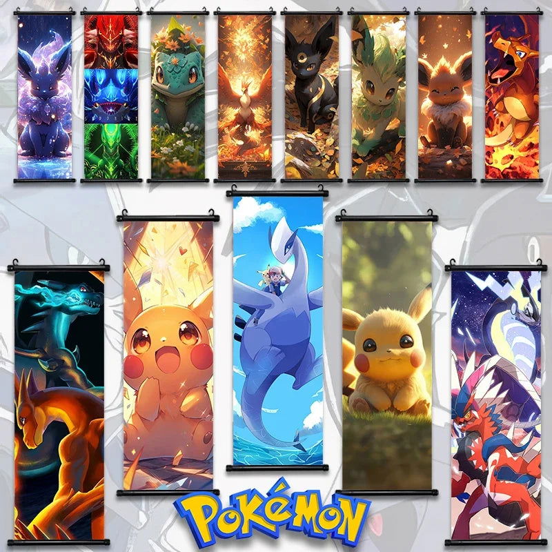 Pokemon Scroll Wall Art, Anime Posters Pikachu Eevee Modern Room Decoration Charizard Canvas Hanging Scrolls Wall Prints - CloudAnimeStudio