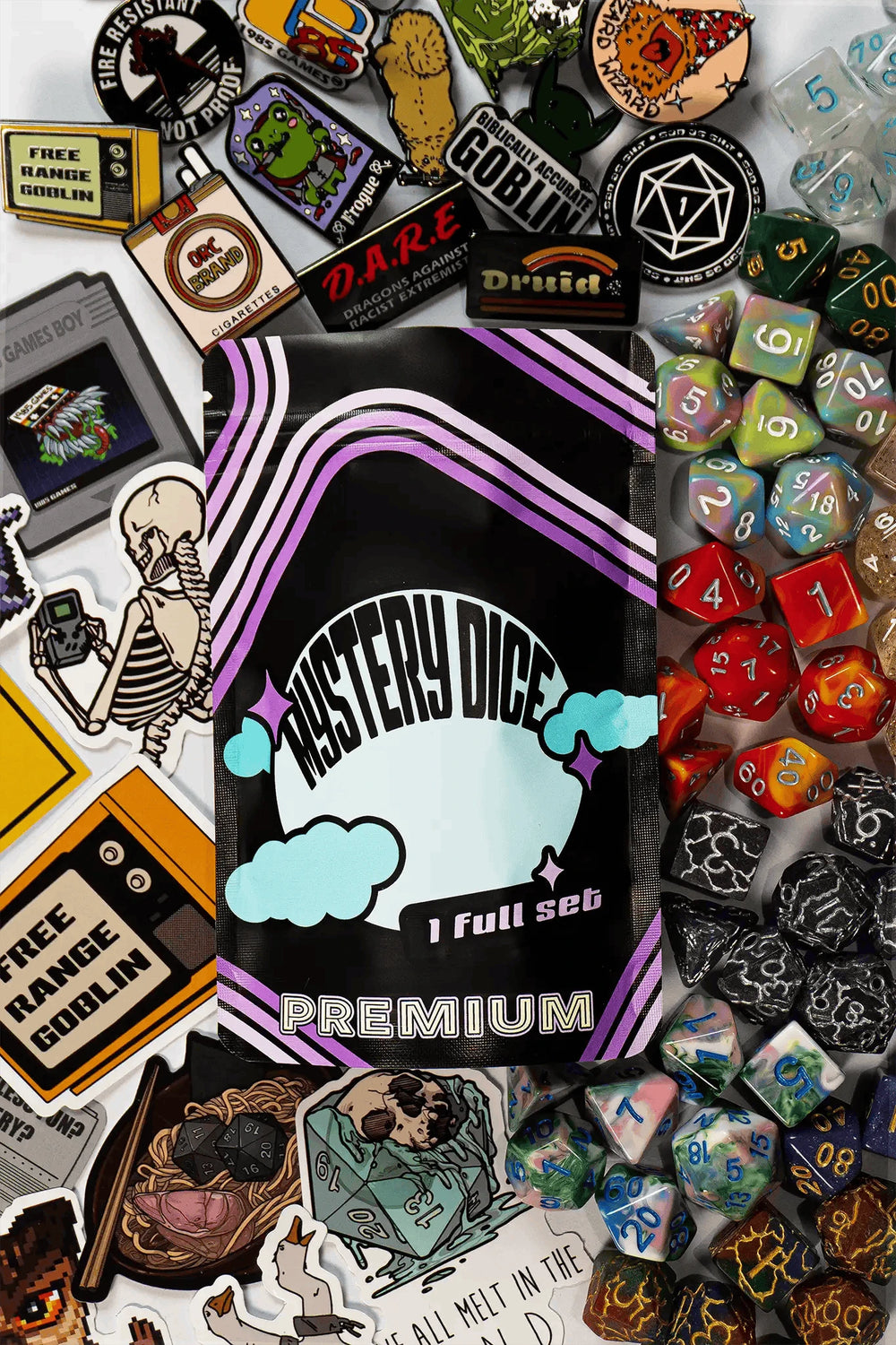 Premium Mystery Dice - A Full Set of Dice Plus Pin and Sticker CLOUDANIMESTUDIO