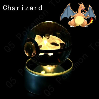 Pokemon 3D Crystal Ball Pokeballs with LED Light Base, Kids Anime Toy Gifts
