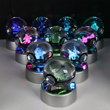Pokemon 3D Crystal Ball Pikachu Gengar Eevee Mewtwo Anime Pokeball with Led Night Light Base