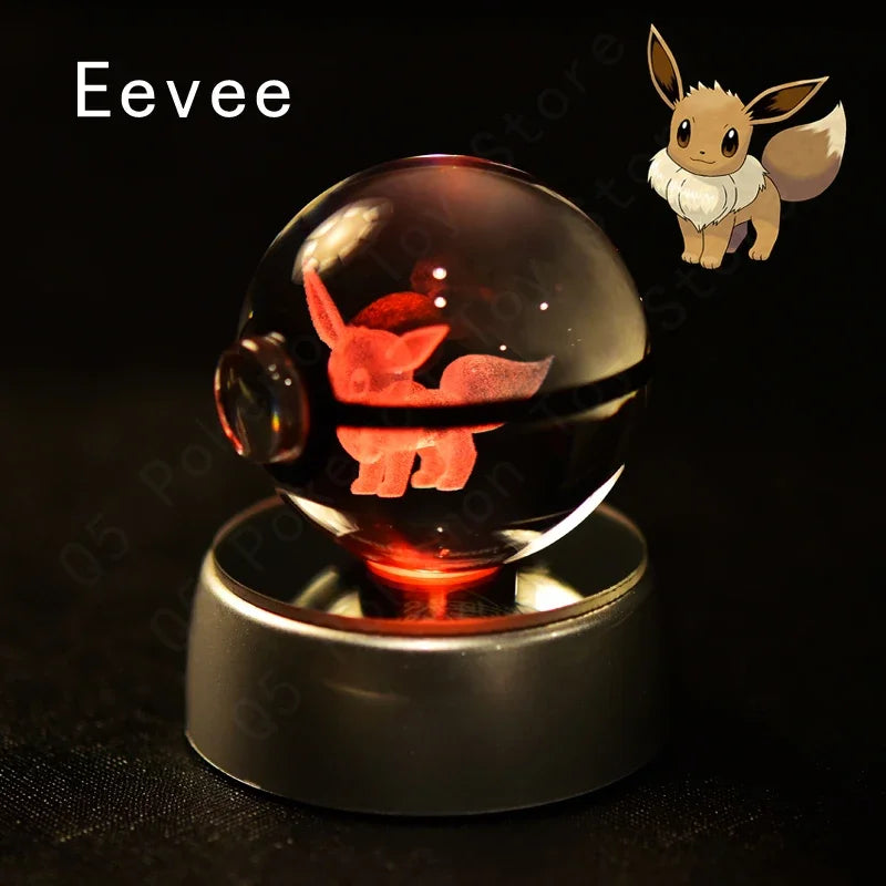 Pokemon 3D Crystal Ball Pokeballs with LED Light Base, Kids Anime Toy Gifts