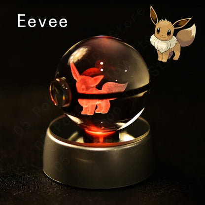 Pokemon 3D Crystal Ball Pokeballs with LED Light Base, Kids Anime Toy Gifts