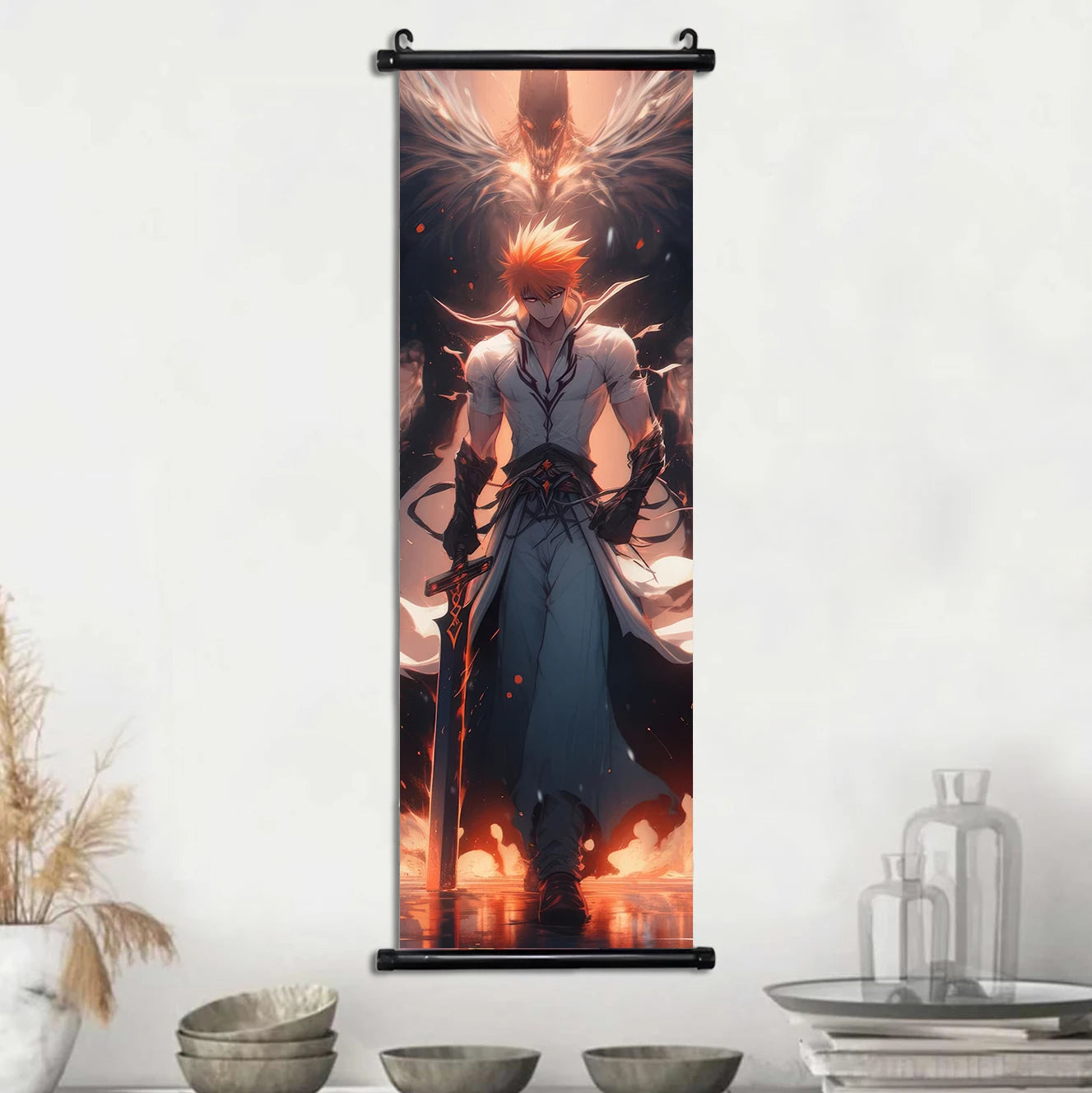 Bleach Anime Scroll Wall Art Poster, Decorative Print Ichigo Kurosaki, Hitsugaya Toshiro, and Grimmjow Jaegerjaquez Canvas Home Decor