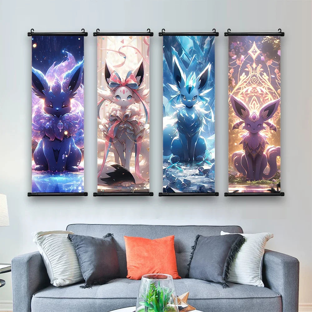 Pokemon Scroll Wall Art, Anime Posters Pikachu Eevee Modern Room Decoration Charizard Canvas Hanging Scrolls Wall Prints